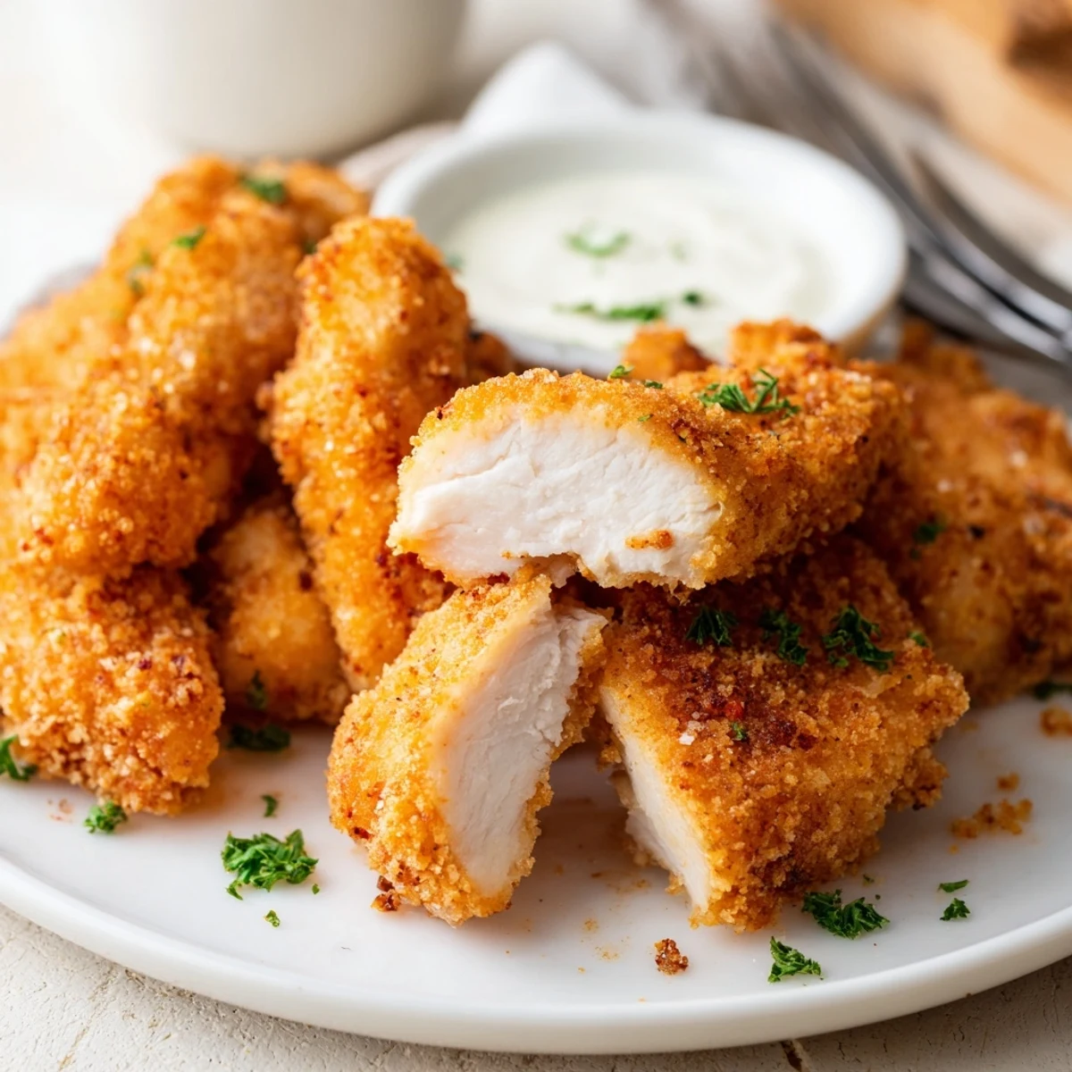 Buttermilk-marinated Chicken Bites sizzling in a skillet, tender centers revealed