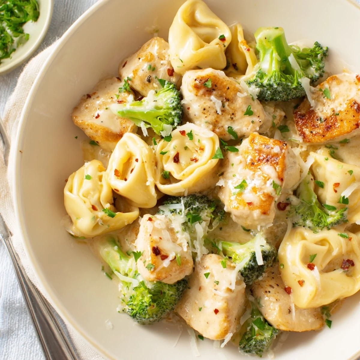 Skillet of Creamy Garlic Parmesan Tortellini Chicken Broccoli Recipe, golden chicken visible