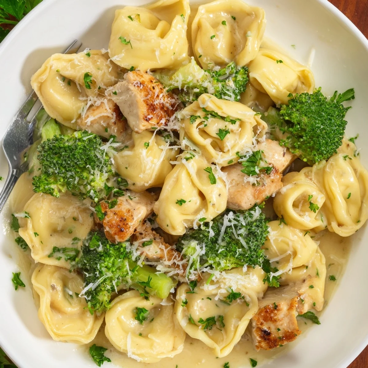 Close-up of Creamy Garlic Parmesan Tortellini Chicken Broccoli Recipe, vibrant broccoli, silky sauce