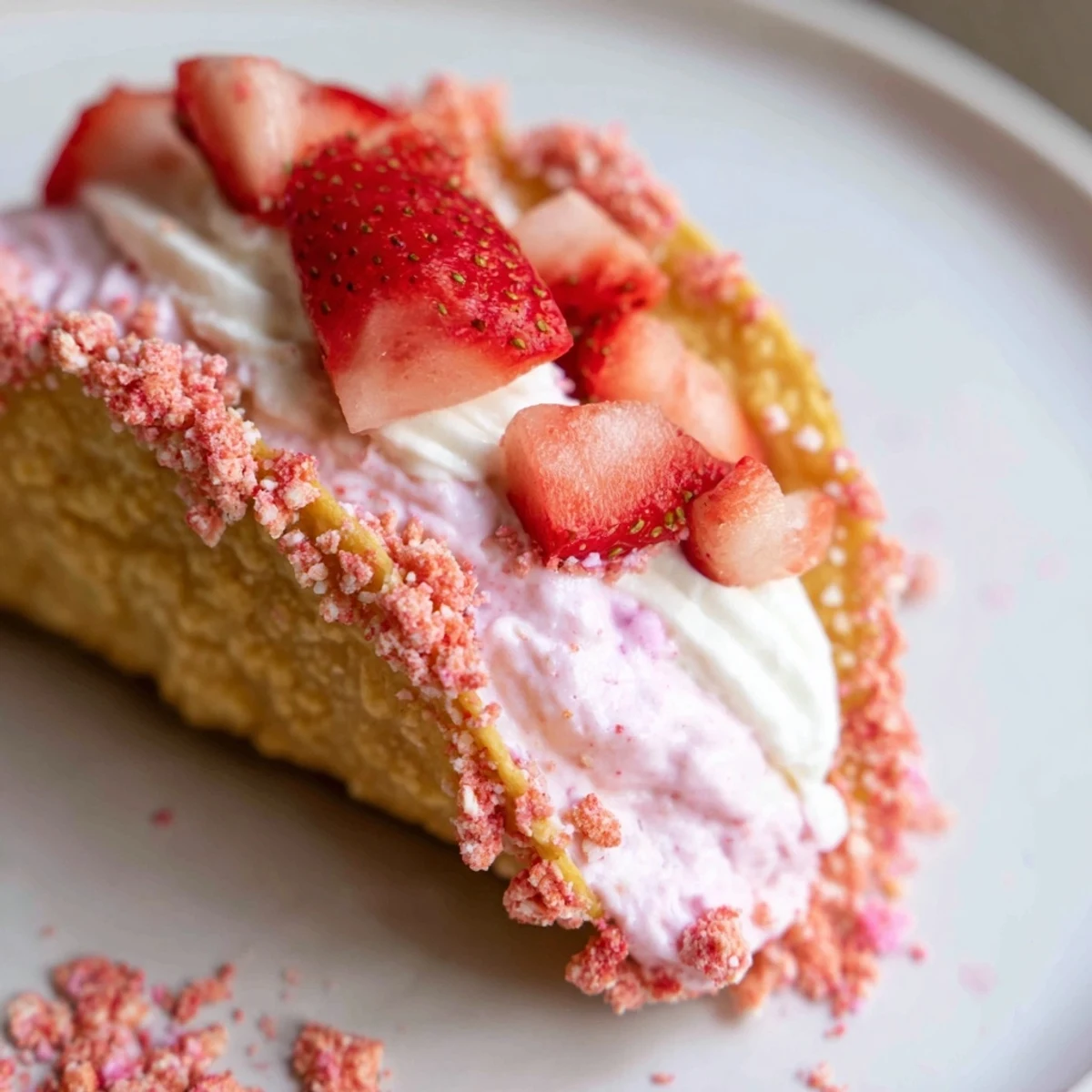 Strawberry Crunch Cheesecake Tacos with golden crisp shells and juicy strawberries.