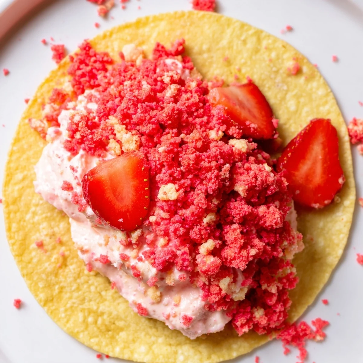 Party ready Strawberry Crunch Cheesecake Tacos coated in crunchy pink crumbs.