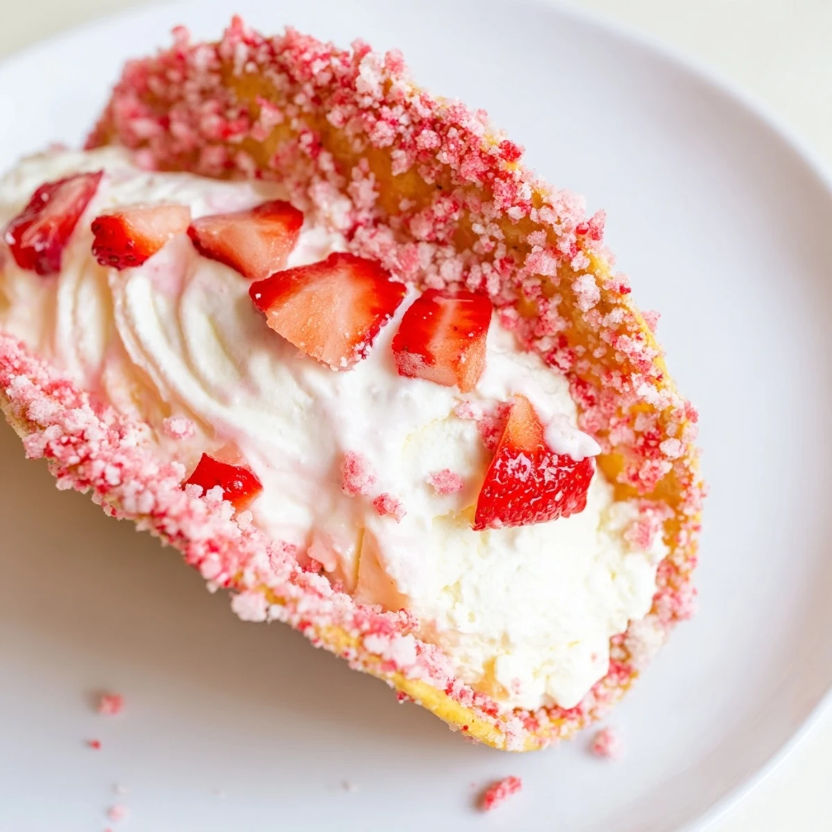 Chilled Strawberry Crunch Cheesecake Tacos piped with silky filling and bright strawberries.