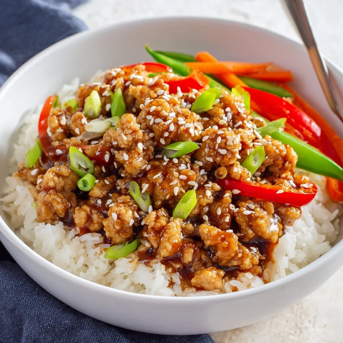 Warm Teriyaki Turkey Rice Bowls topped with toasted sesame seeds and scallions