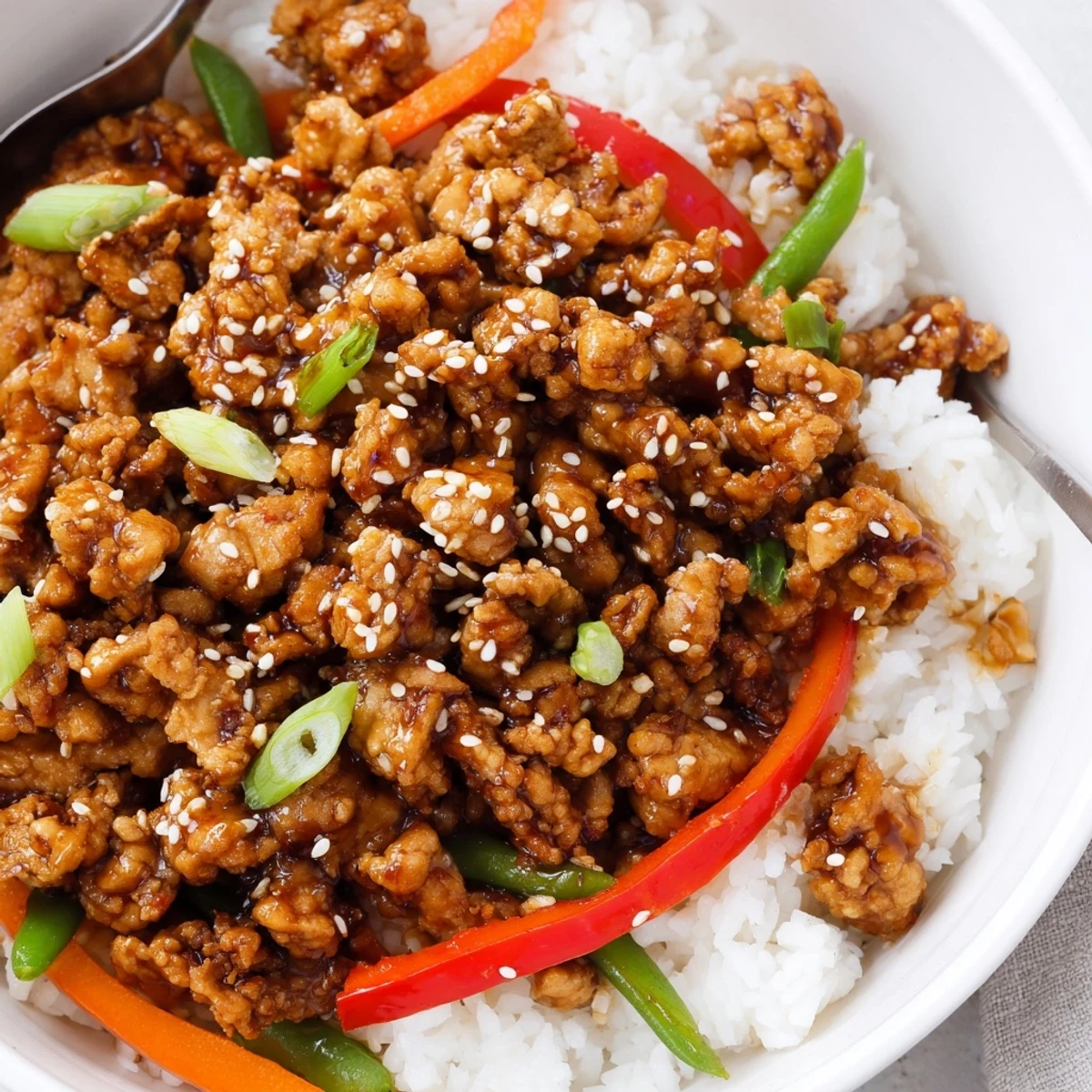 Teriyaki Turkey Rice Bowls glistening with glossy sauce, fluffy rice, crisp vegetables