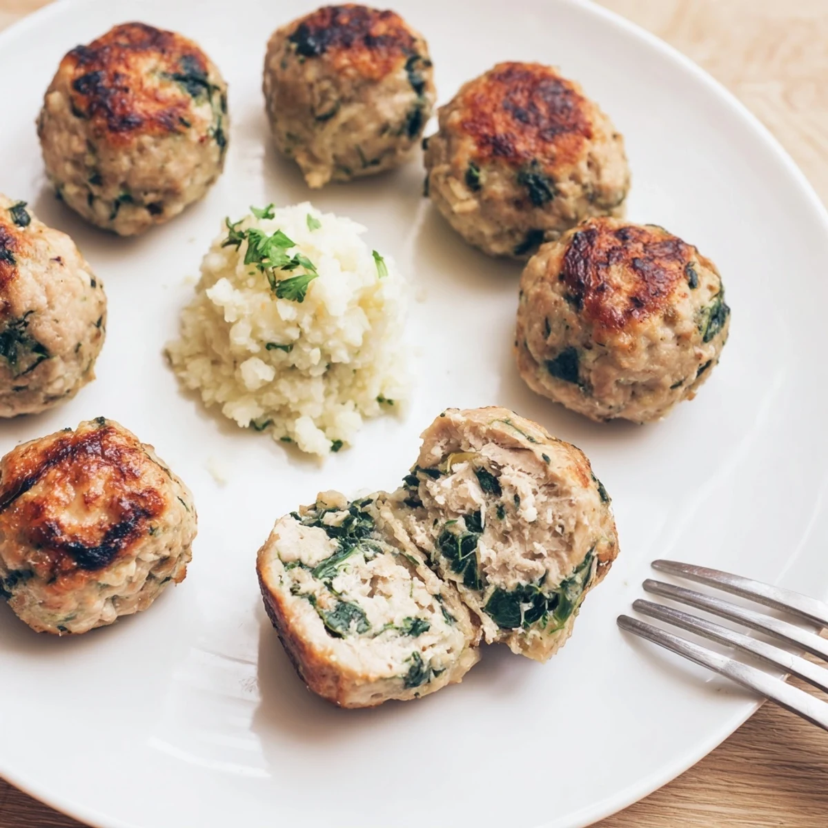 Golden-baked Low Carb Spinach Chicken Meatballs resting on parchment, parsley garnish