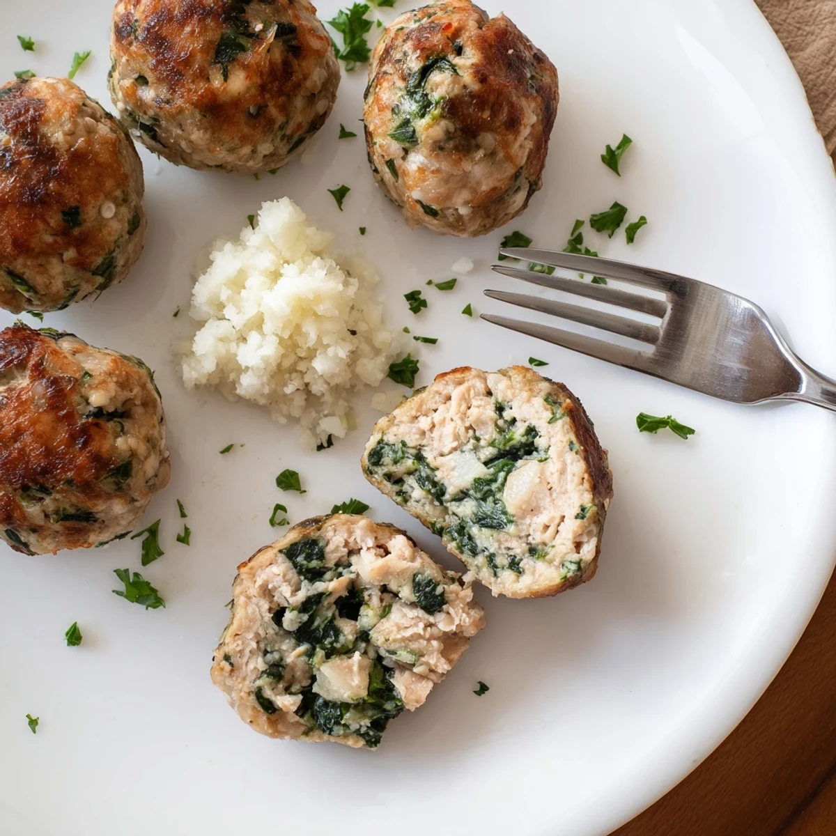 Juicy Low Carb Spinach Chicken Meatballs with warm marinara, steamy and aromatic