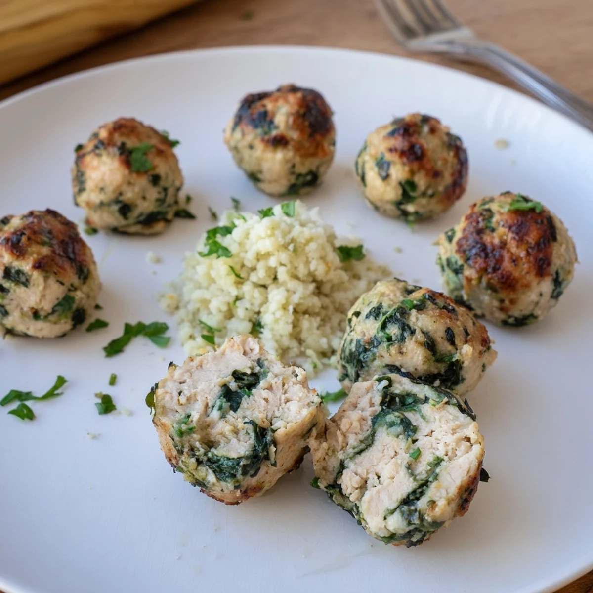 Fork-tender Low Carb Spinach Chicken Meatballs served over cauliflower rice, fresh basil