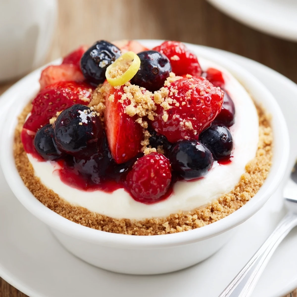 Chilled Berry No Bake Cheesecakes topped with juicy strawberries and raspberries