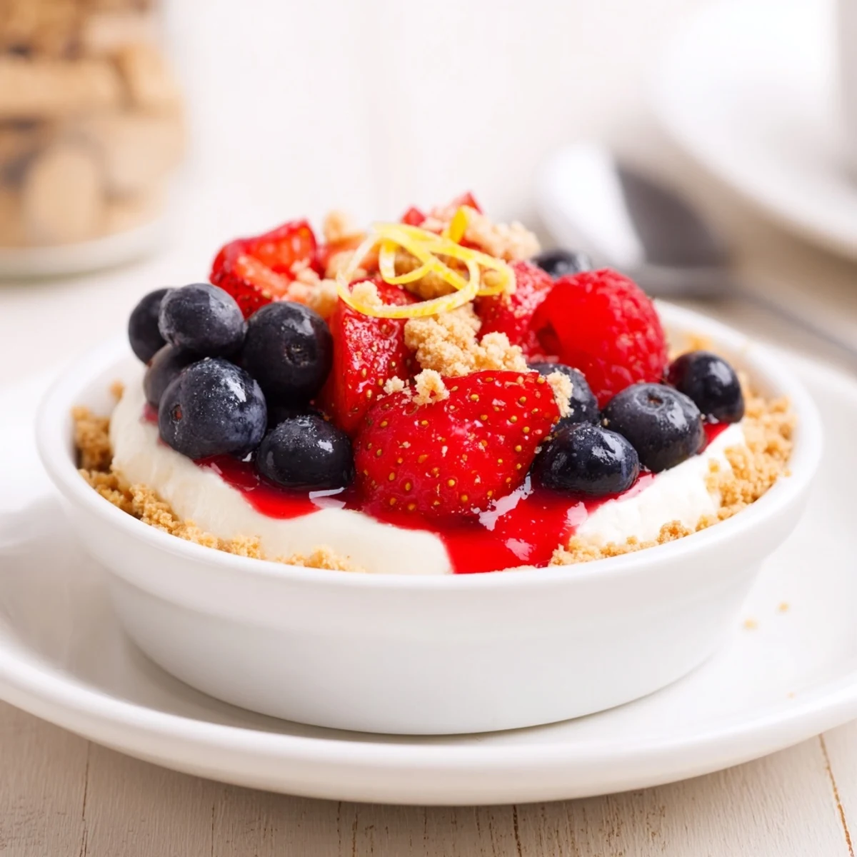 Berry No Bake Cheesecakes with glossy berry compote, crunchy graham crust
