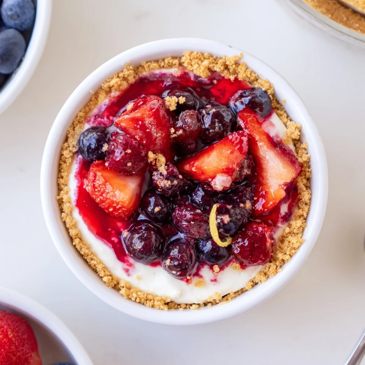 Individual Berry No Bake Cheesecakes in glasses, velvety filling and zesty lemon