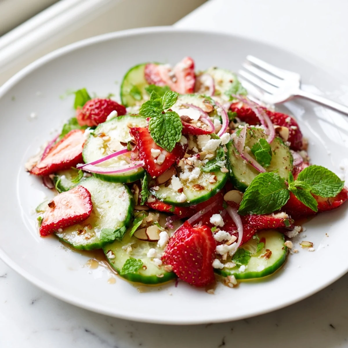 Bright Cucumber Strawberry Salad Recipe tossed with mint, feta, and toasted almonds.