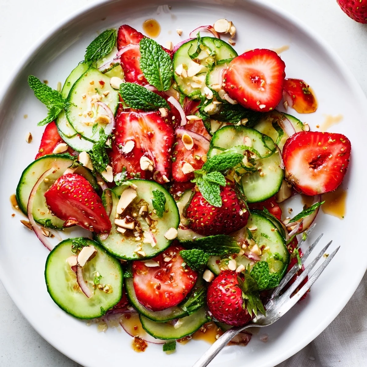 Cucumber Strawberry Salad Recipe with crisp cucumbers, juicy strawberries, tangy balsamic dressing.