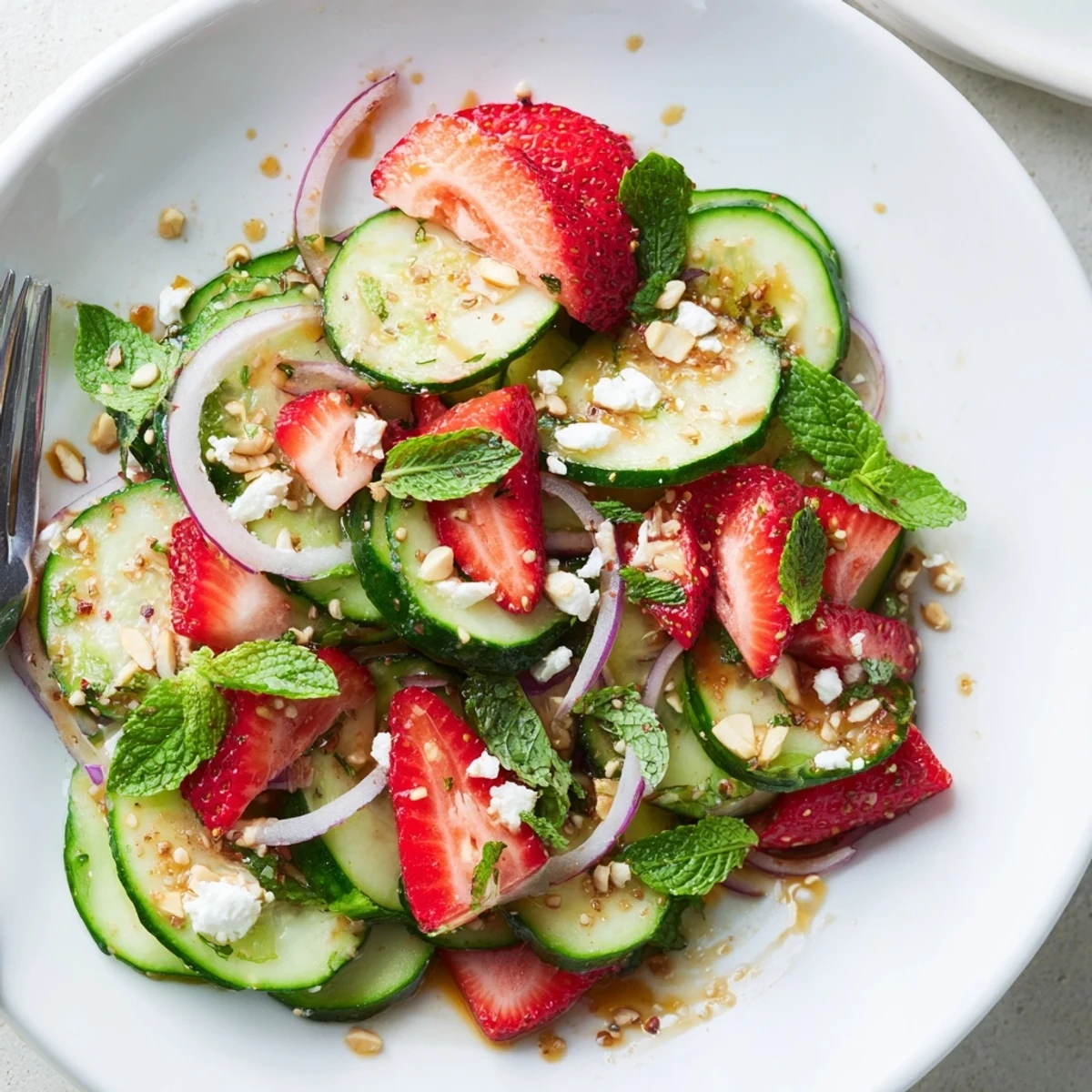 Perfect summer side: Cucumber Strawberry Salad Recipe served chilled with fragrant mint.