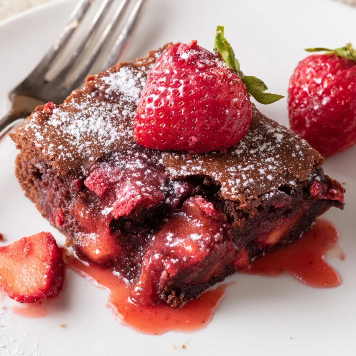 Strawberry Brownies Recipe: fudgy squares glazed with glossy pink strawberry icing, plated.