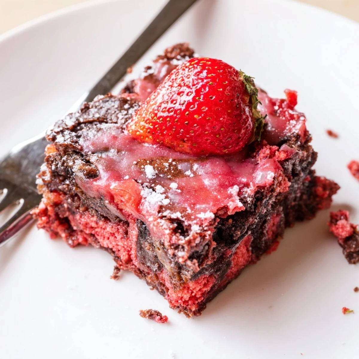 A close-up of Strawberry Brownies Recipe showing moist crumb and fresh strawberries.