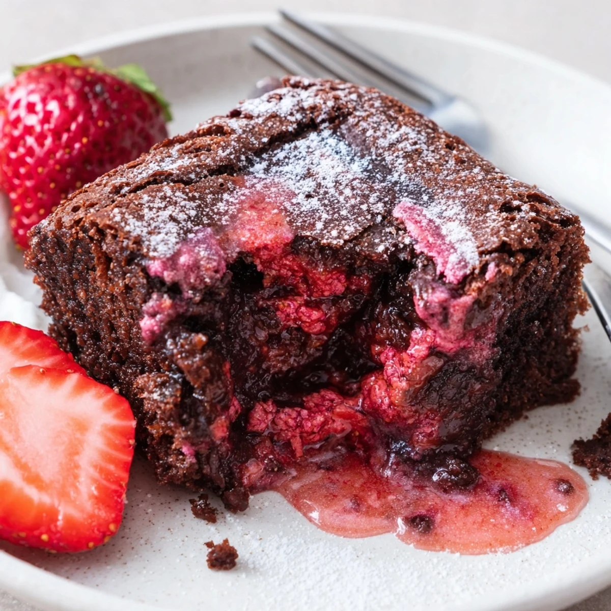 Homestyle Strawberry Brownies Recipe served with whipped cream and sliced strawberries.