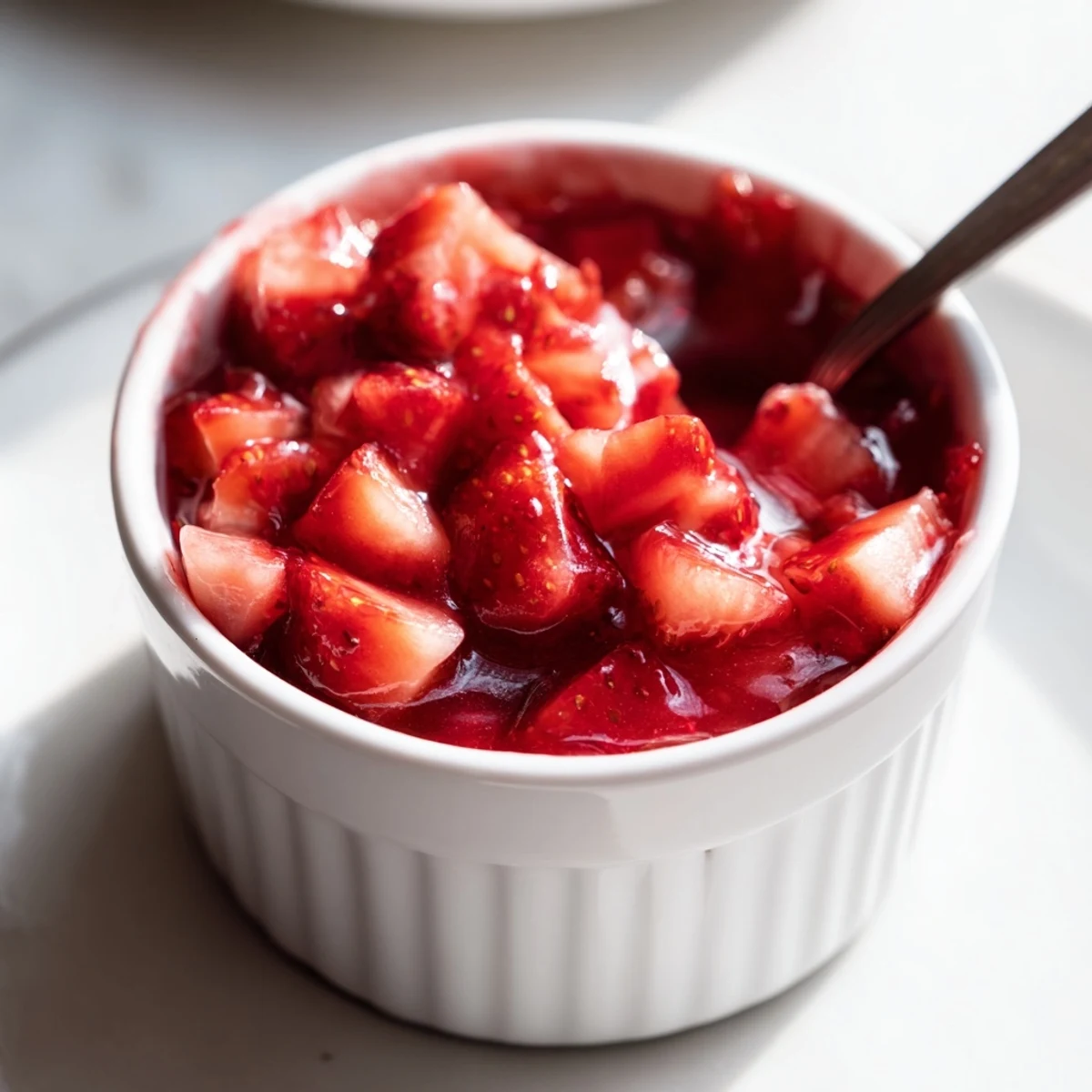 Glossy, sweet tart Strawberry Cake Filling Recipe cooling in a saucepan, ruby red.