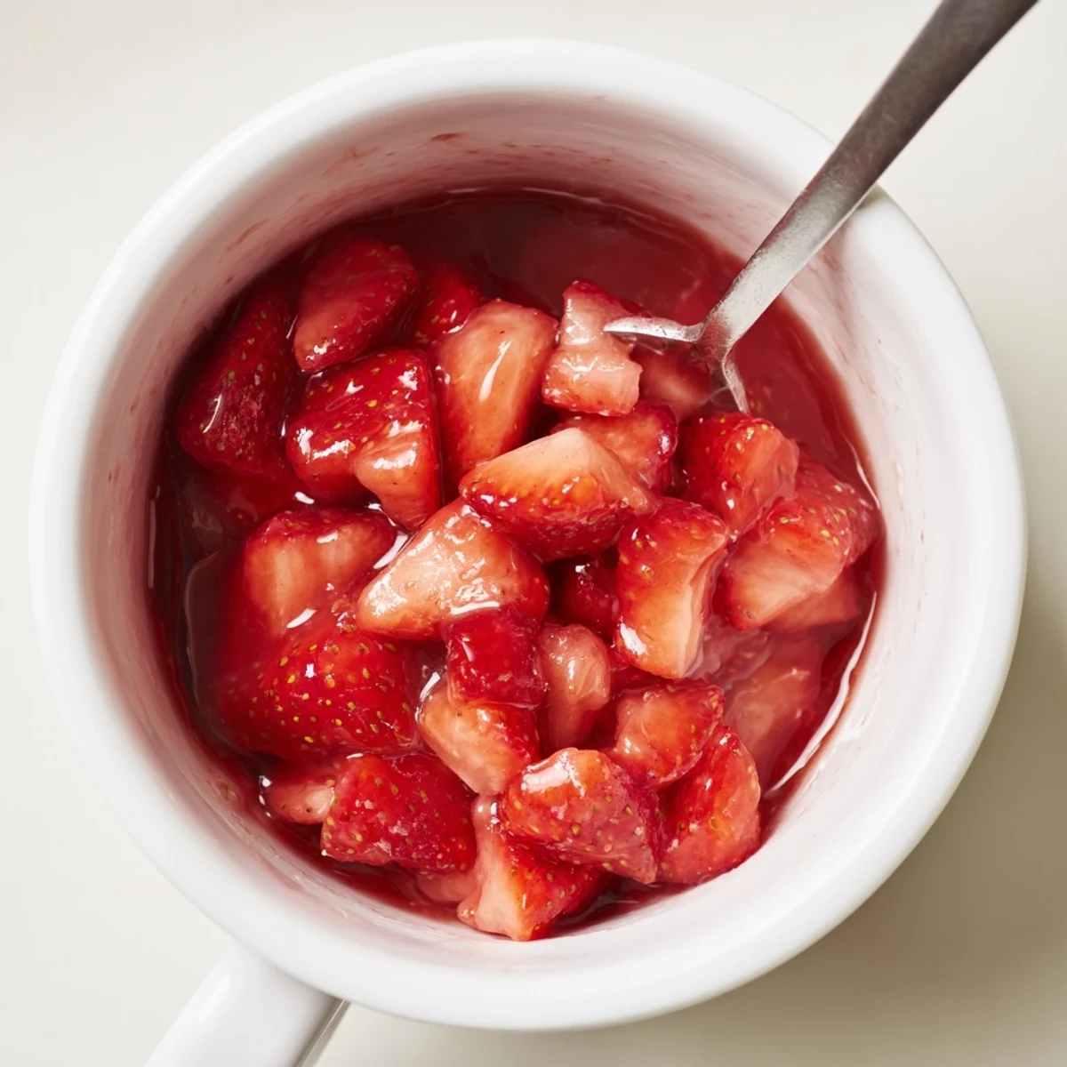 Spoonful of warm Strawberry Cake Filling Recipe layered between a vanilla cake.