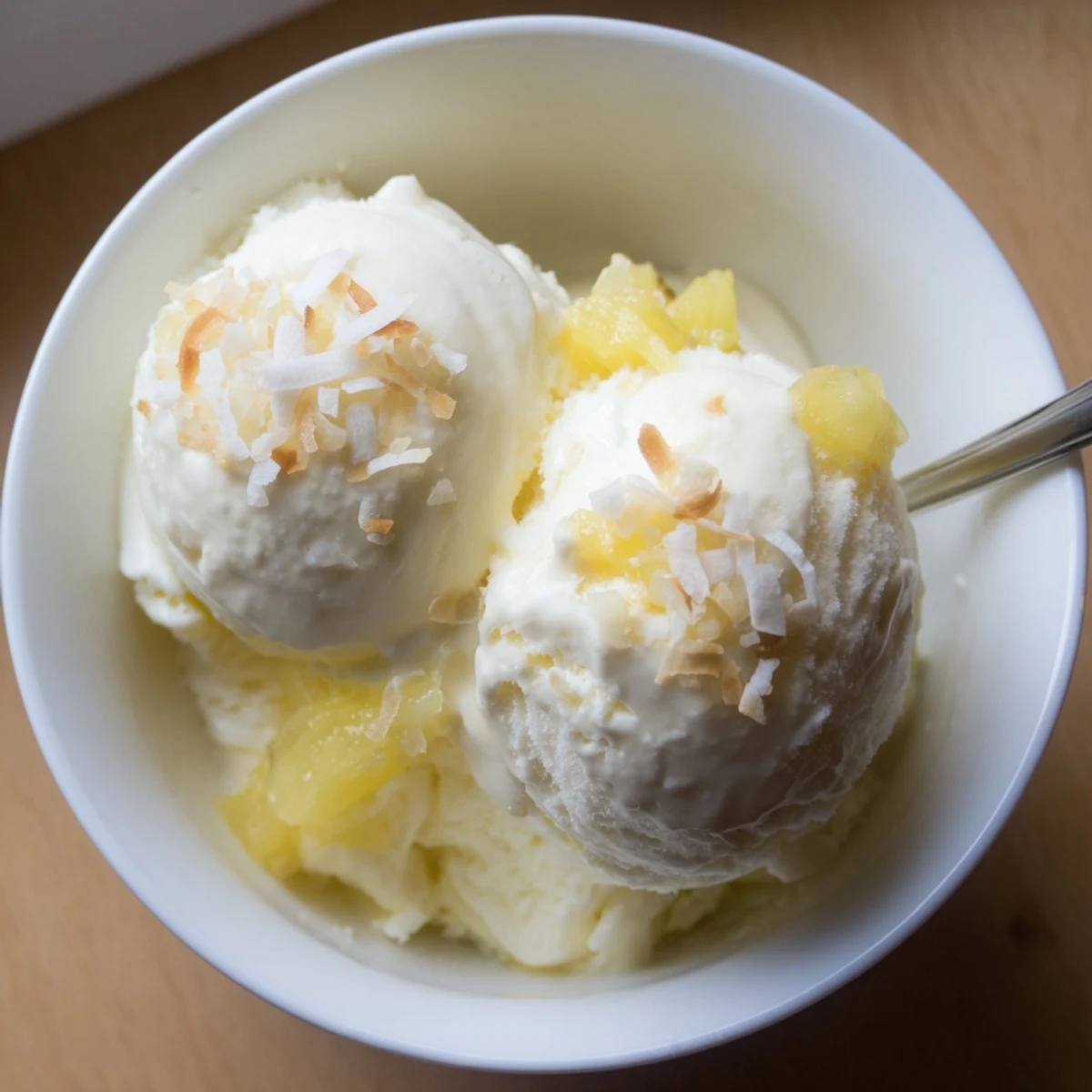 A scoop of Creamy Pineapple Ice Cream melting slightly on plate.