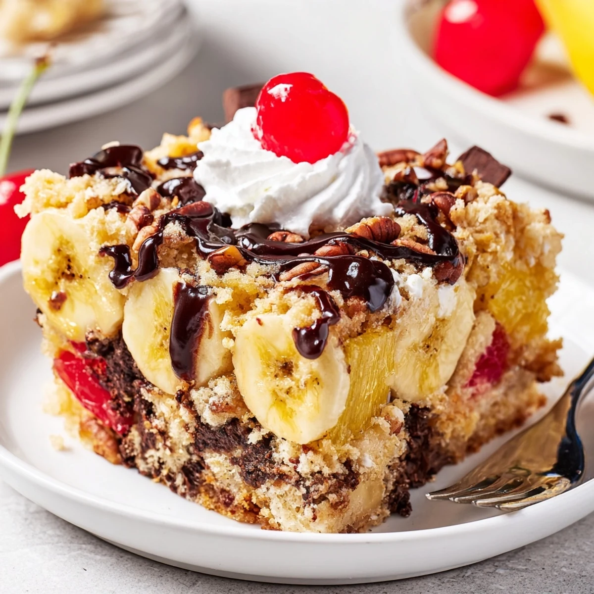 Warm Banana Split Dump Cake with bubbling edges, glistening cherries, melty chocolate.