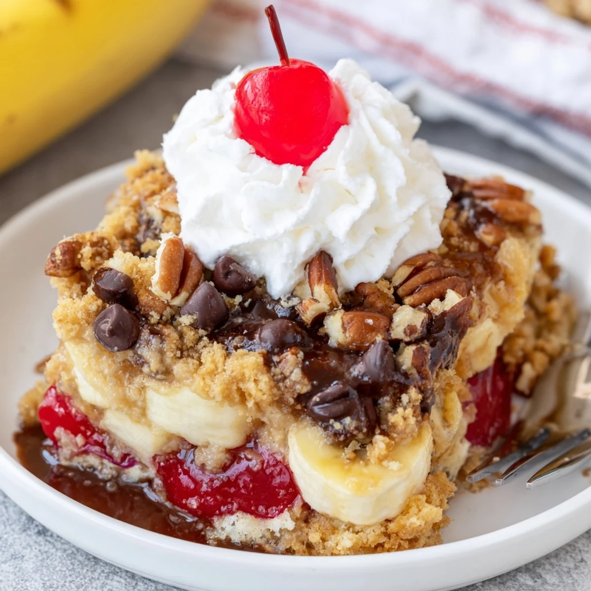 Baked Banana Split Dump Cake topped with whipped cream, sliced bananas, chocolate syrup.