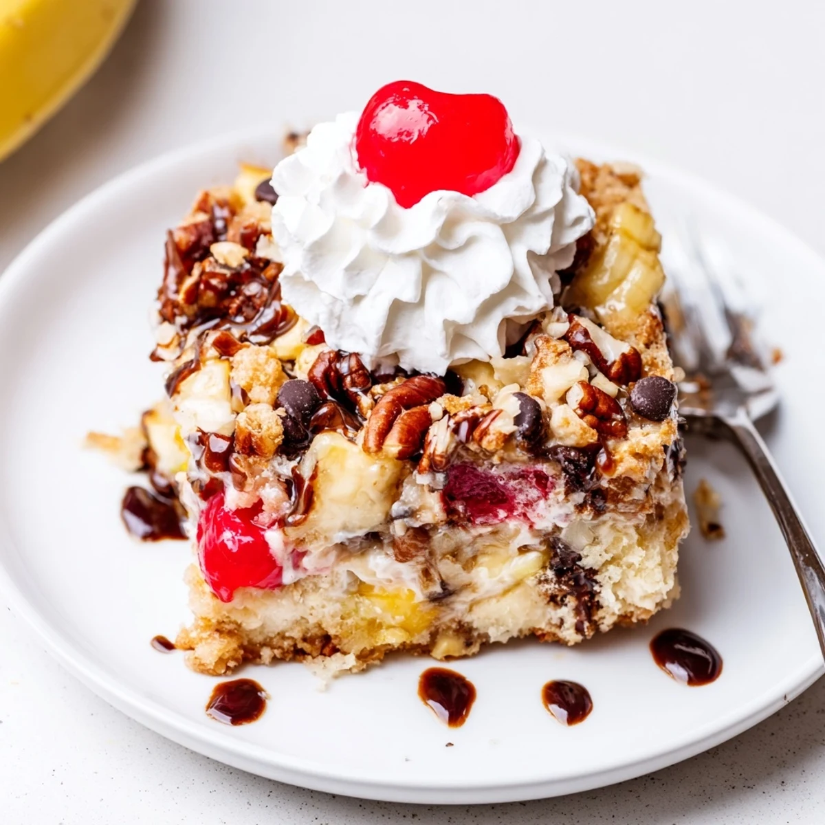 Slice of Banana Split Dump Cake drizzled with chocolate, served with vanilla ice cream.
