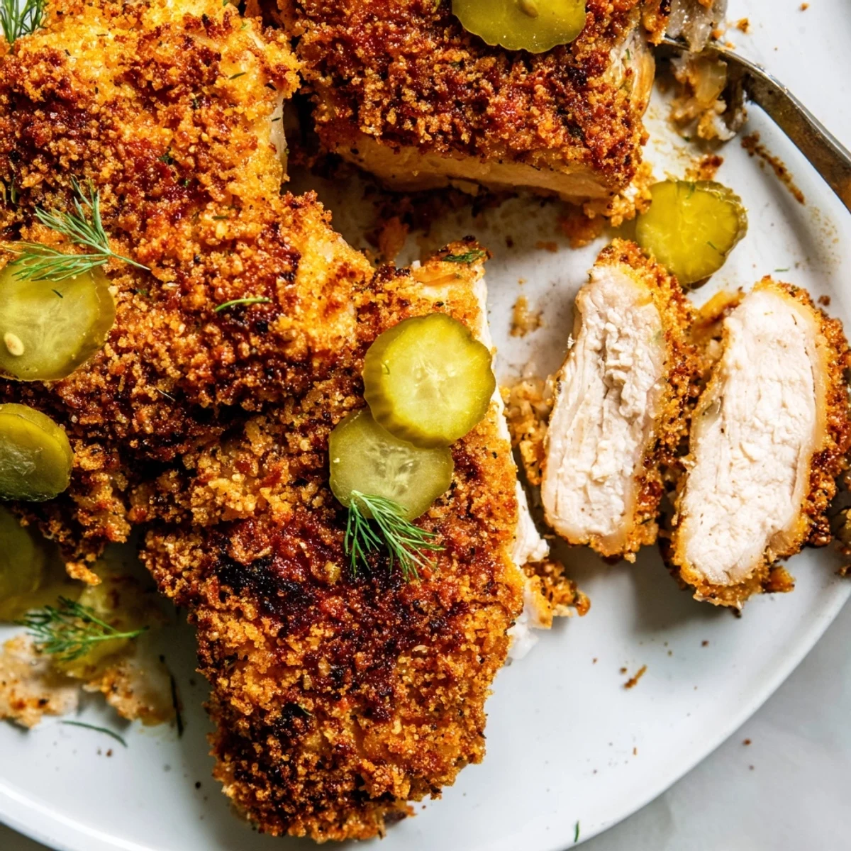 Plate of Crispy Dill Pickle Chicken resting on wire rack, juices glistening