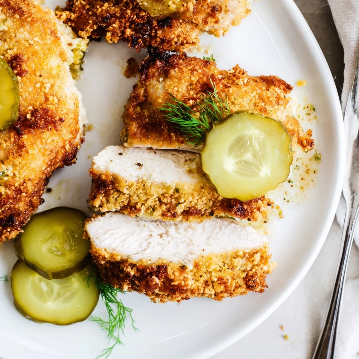 Crispy Dill Pickle Chicken with extra dill pickles, perfect alongside potato salad