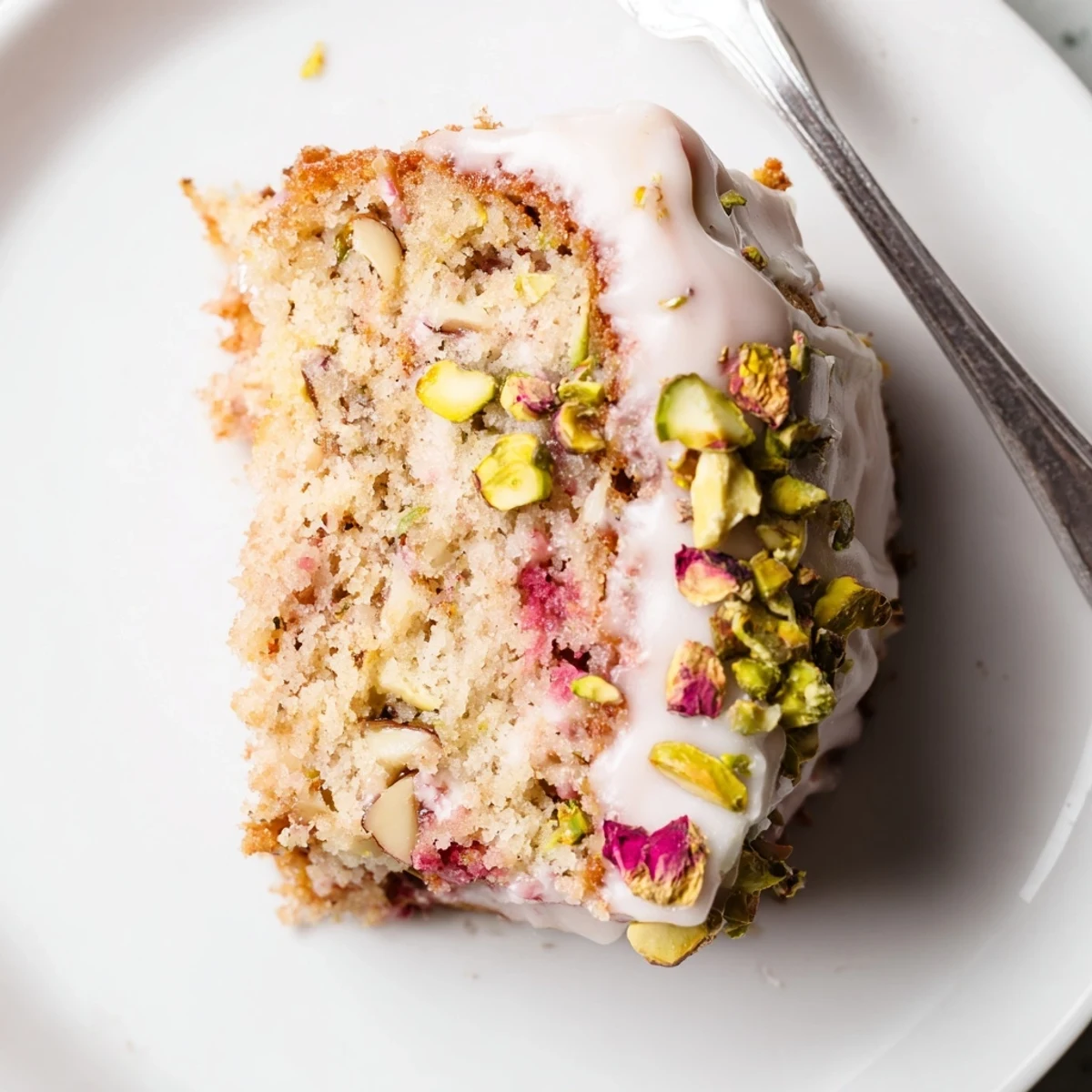 Persian Love Cake Almond with rosewater icing and pistachios, moist almond crumb.