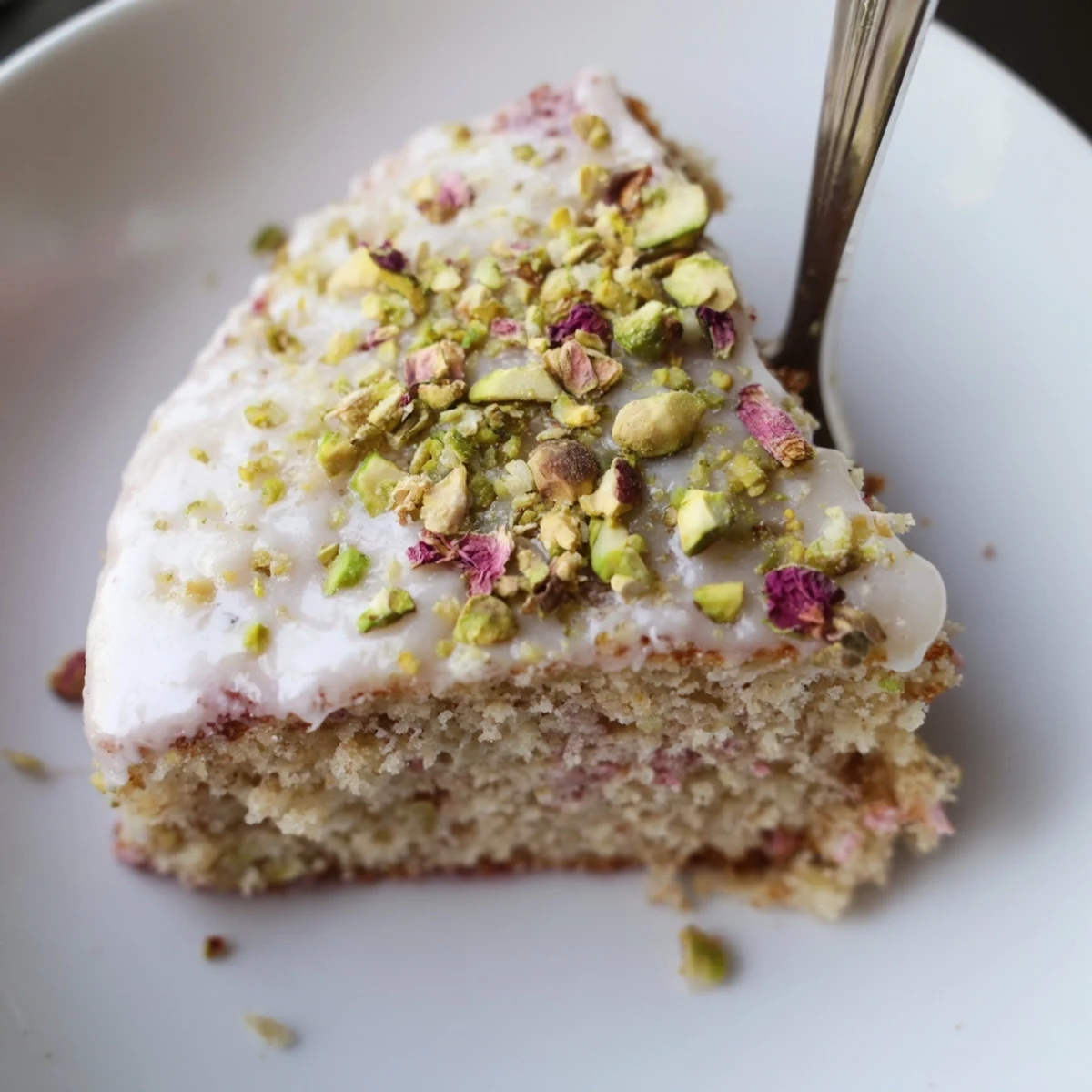 Sliced Persian Love Cake Almond on a plate, cardamom aroma wafting.