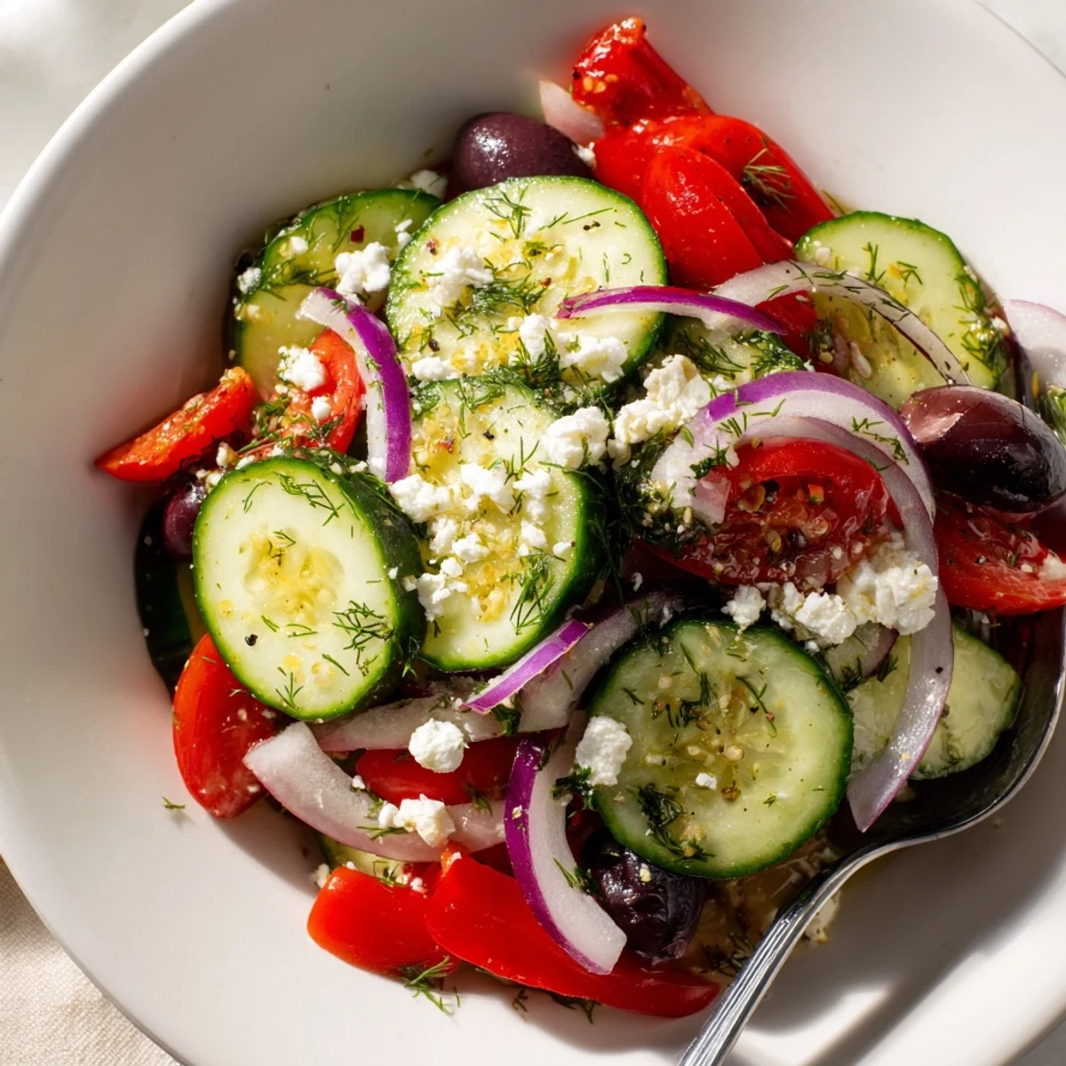 Mediterranean Cucumber Salad Recipe with crisp cucumbers, juicy tomatoes, feta topping