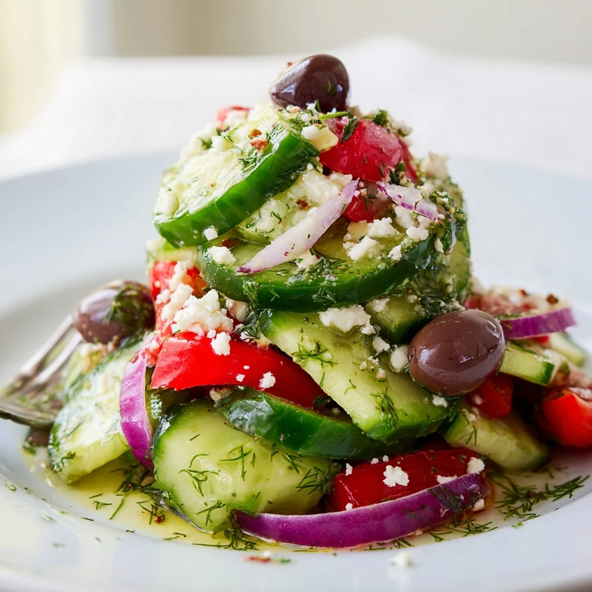 Bowl of Mediterranean Cucumber Salad Recipe tossed in lemon-oregano vinaigrette