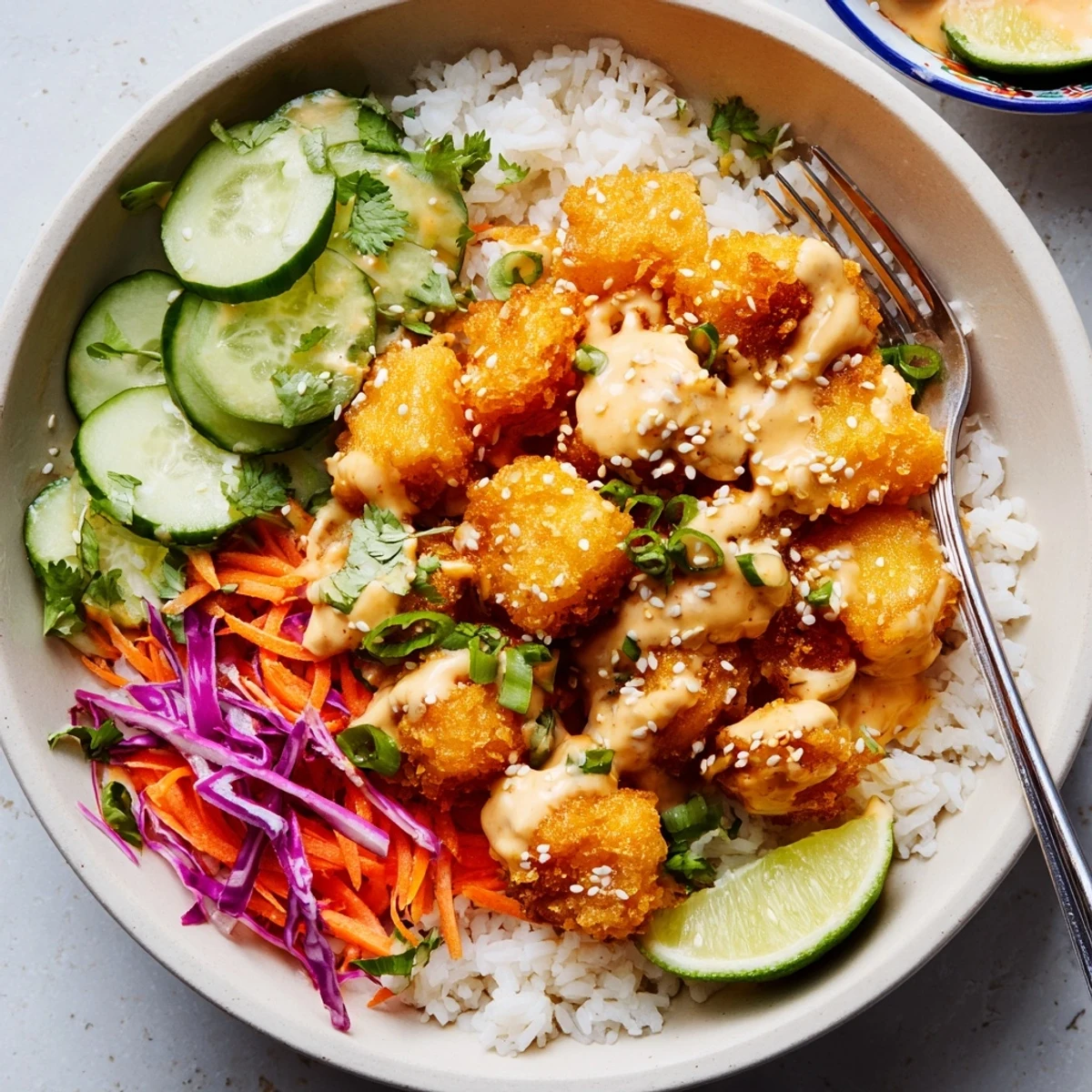 Homestyle Bang Bang Chicken Bowl Recipe over jasmine rice with creamy sauce drizzle