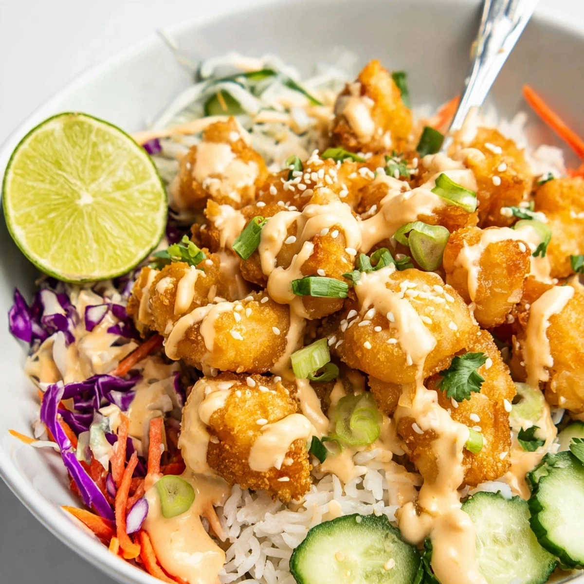 Bang Bang Chicken Bowl Recipe showing crispy chicken, colorful veggies, lime wedge