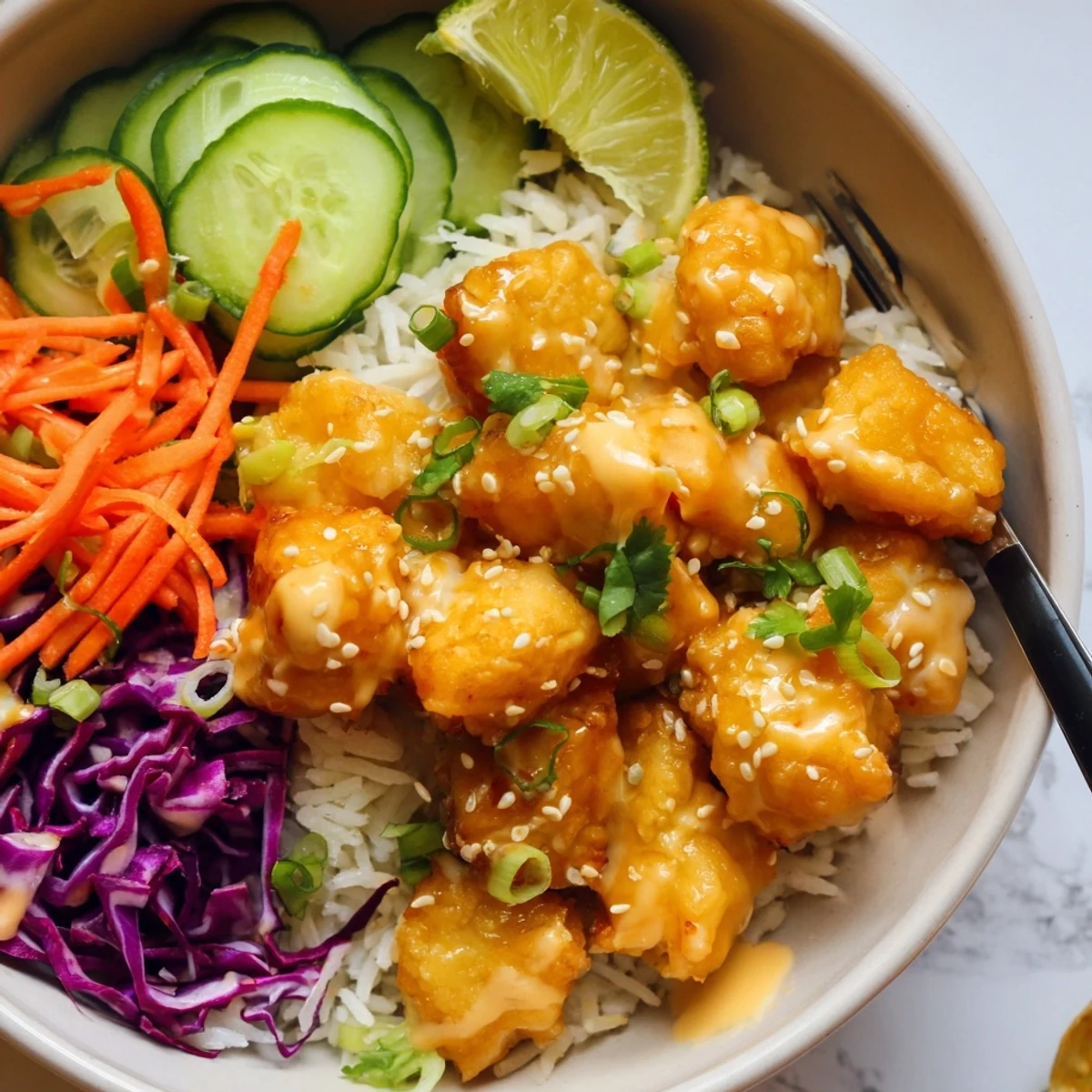 Bright Bang Bang Chicken Bowl Recipe with crunchy fried chicken, sesame, cilantro garnish