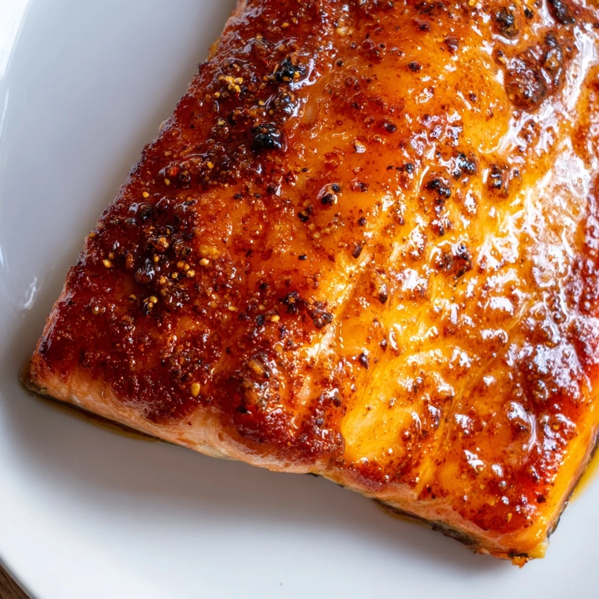 Golden brown Cajun honey salmon fillets with caramelized honey glaze and fresh parsley garnish on a white plate