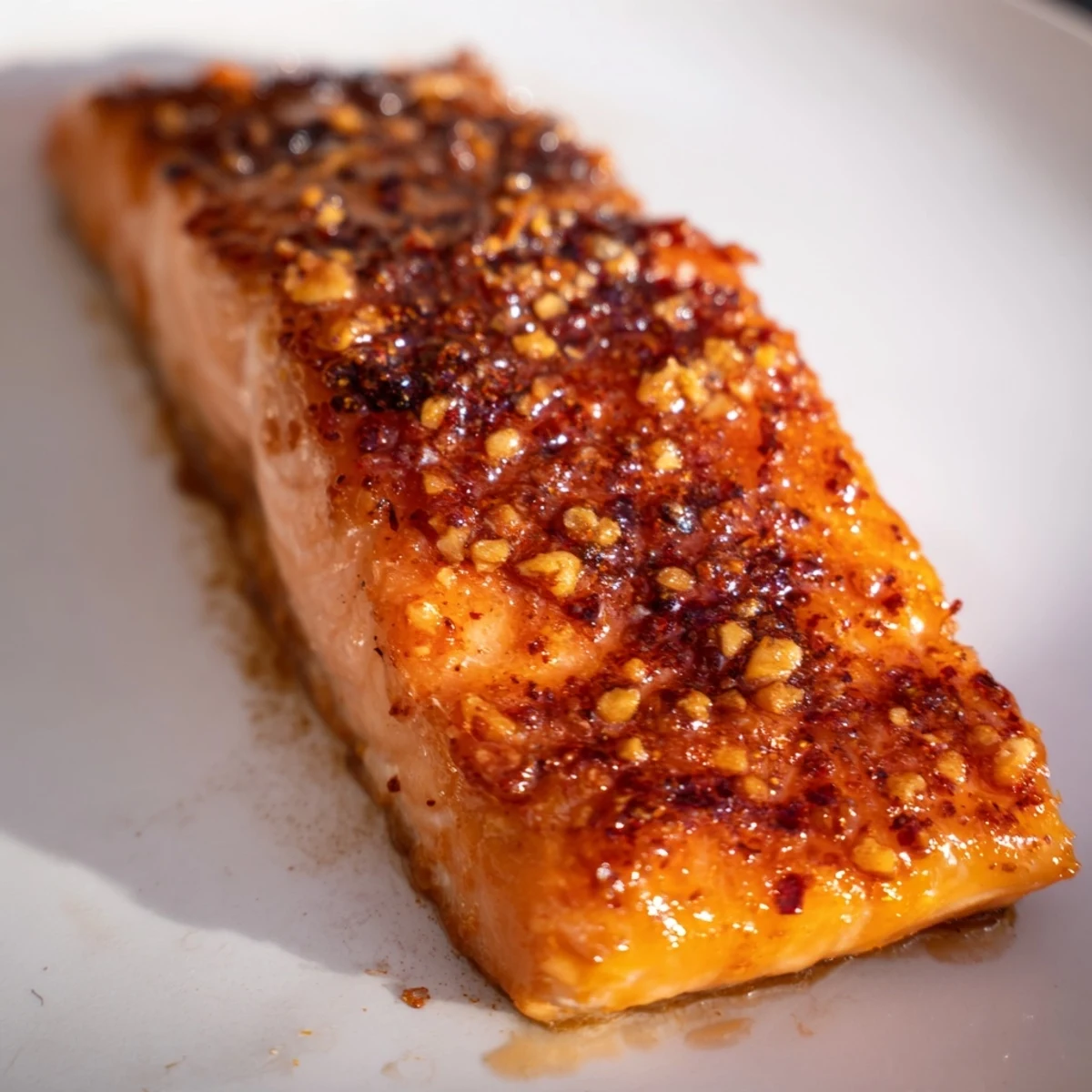 Spice-rubbed baked salmon featuring a sweet sticky honey glaze, served with lemon wedges for a tangy finish
