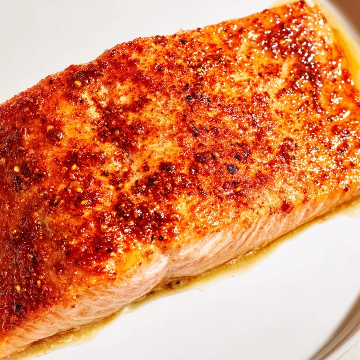 Perfectly cooked Cajun honey salmon with reddish spice coating and glossy honey dripping over the tender flaky fish