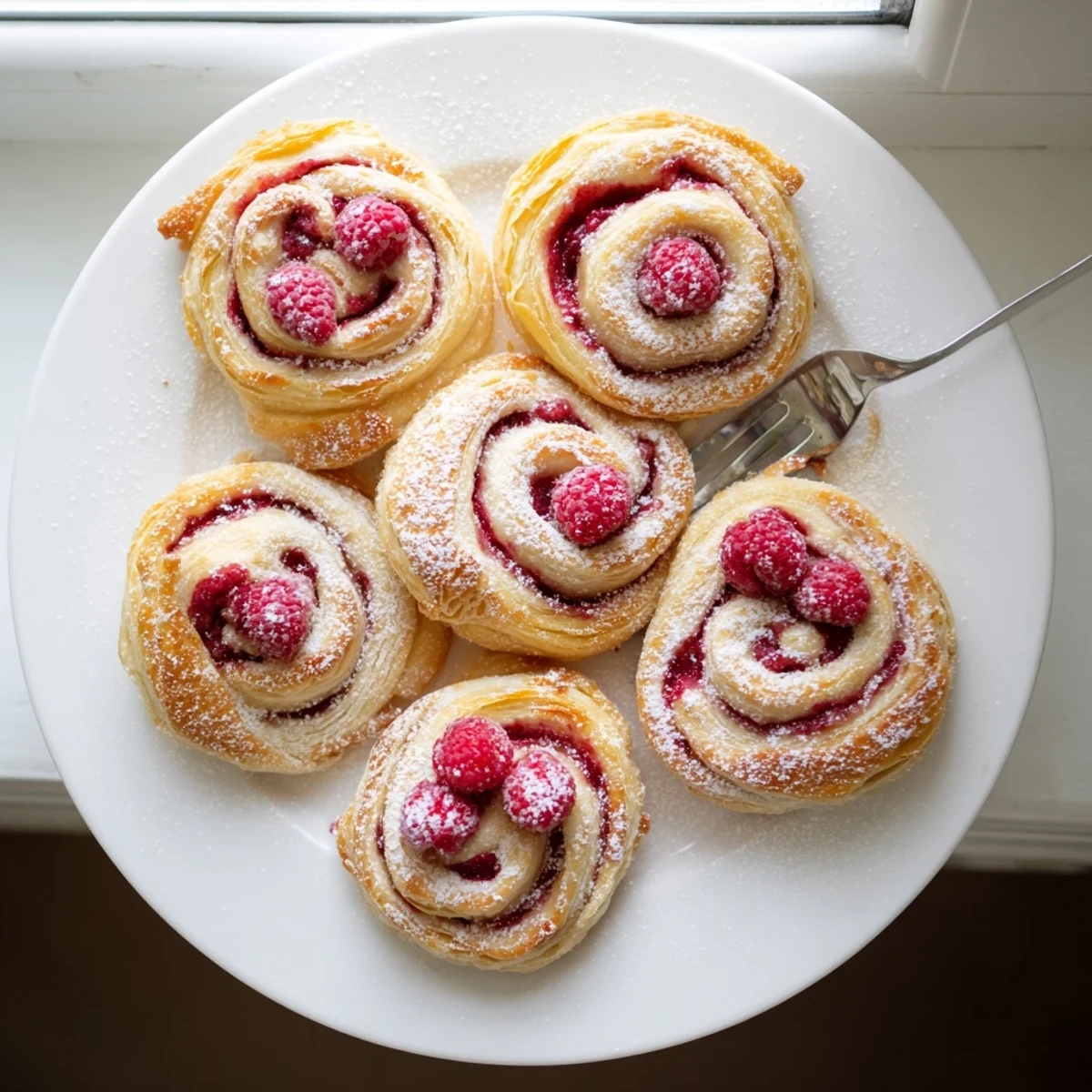 Golden baked raspberry puff pastry rolls sprinkled with white powdered sugar on a wooden board