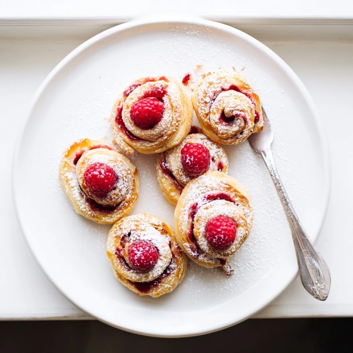 Flaky golden pastry spirals filled with sweet red raspberry jam arranged on a baking sheet