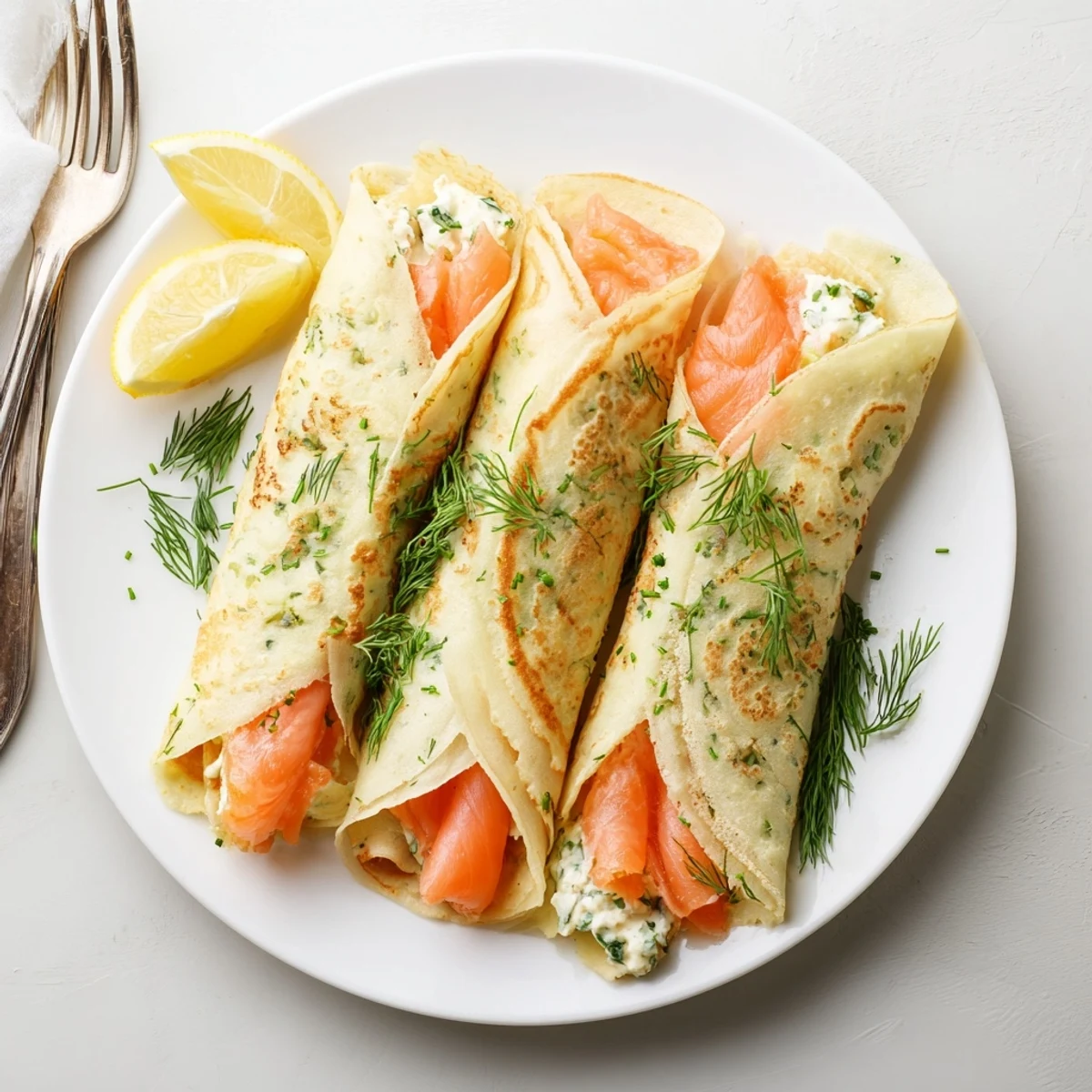 Golden rolled crepes filled with creamy herbed cheese and delicate smoked salmon slices