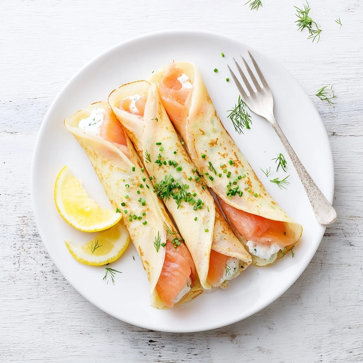 Elegant brunch platter featuring smoked salmon crepes topped with chives and lemon wedges