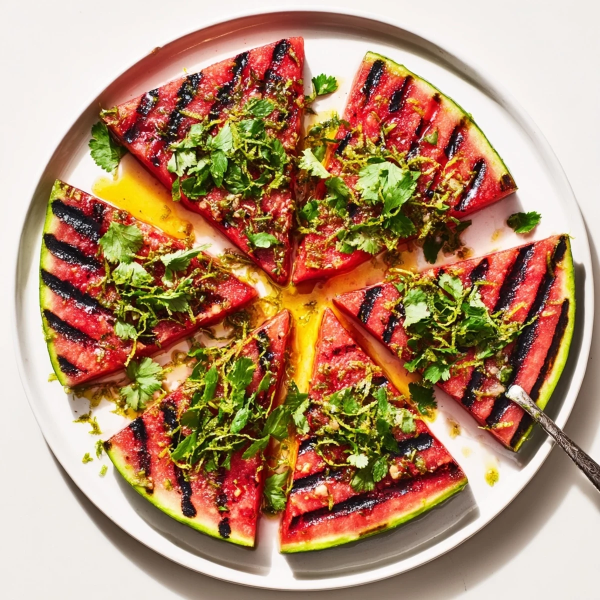 Cilantro lime grilled watermelon on serving platter showing caramelized grill marks and green herb garnish