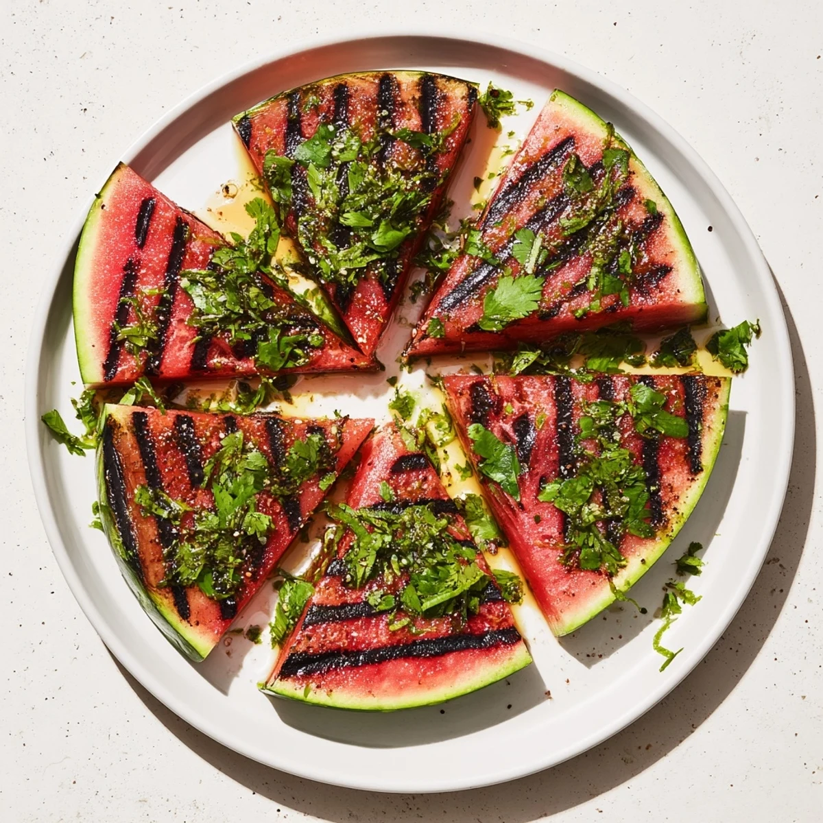 Grilled watermelon wedges with char marks topped with fresh cilantro and bright lime zest