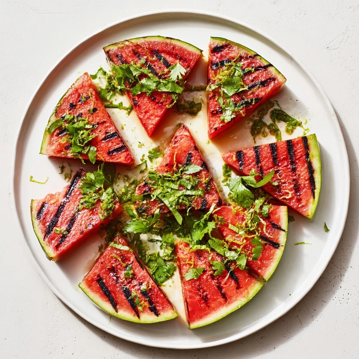 Summer side dish featuring smoky grilled watermelon drizzled with lime juice and sprinkled with cilantro