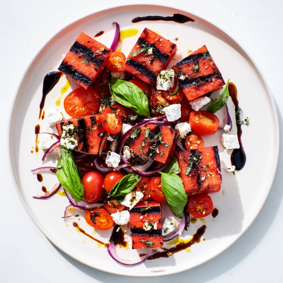 Colorful grilled watermelon, feta, and basil salad displayed on a white serving platter with charred grill marks