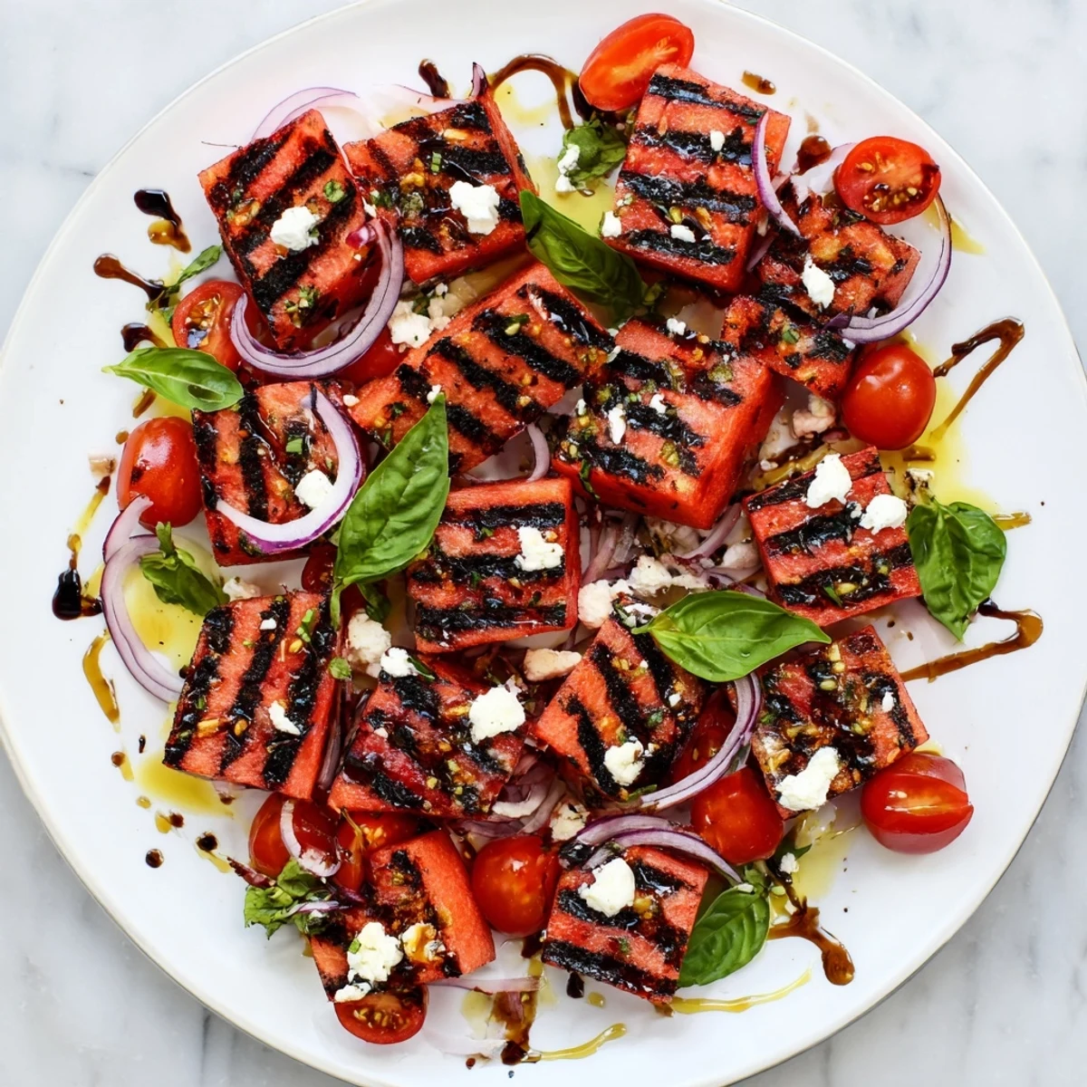 Fresh summer salad featuring smoky grilled watermelon cubes topped with crumbled feta cheese and vibrant green basil leaves