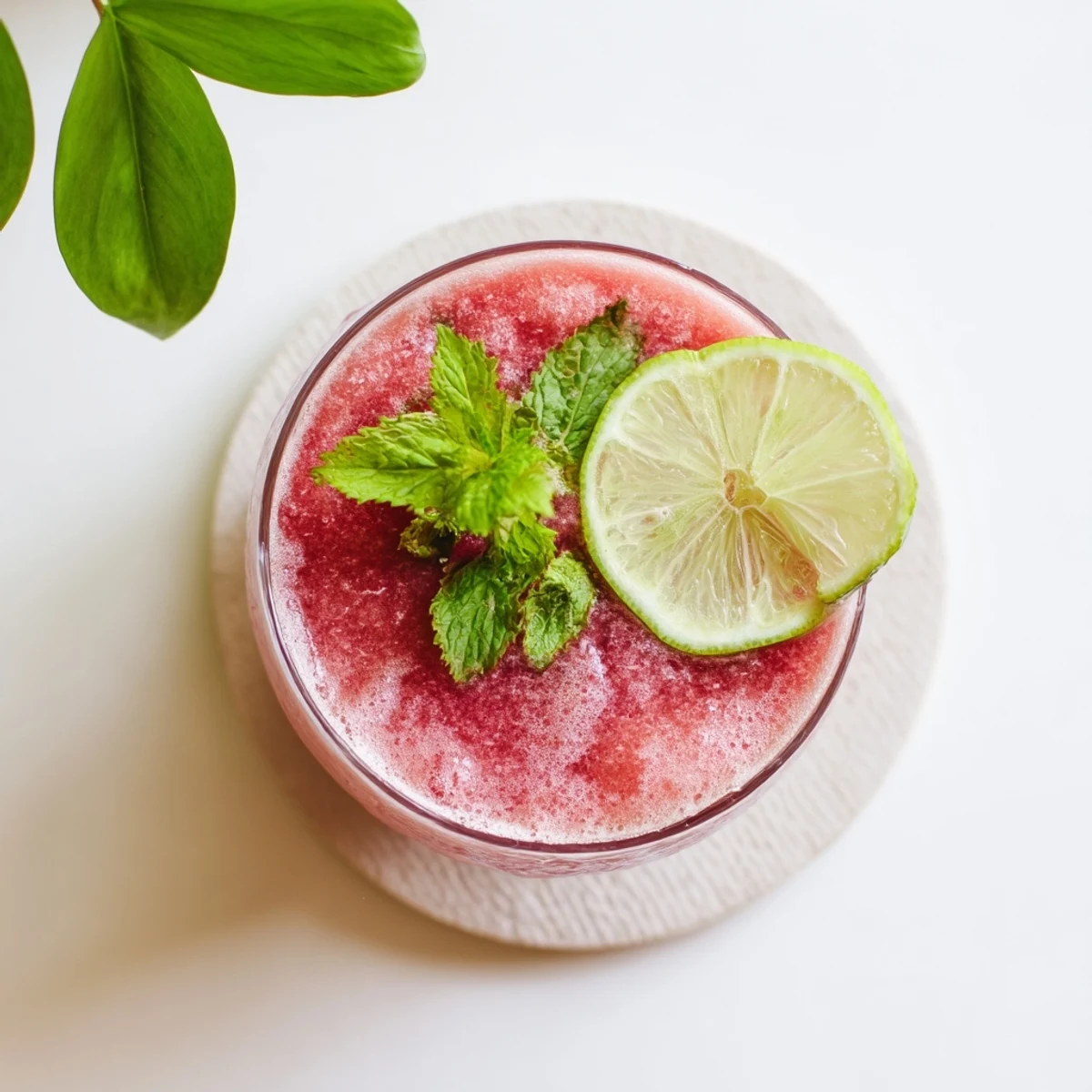 Frosty pink Coconut Lime Watermelon Slushie garnished with fresh mint and lime wedge