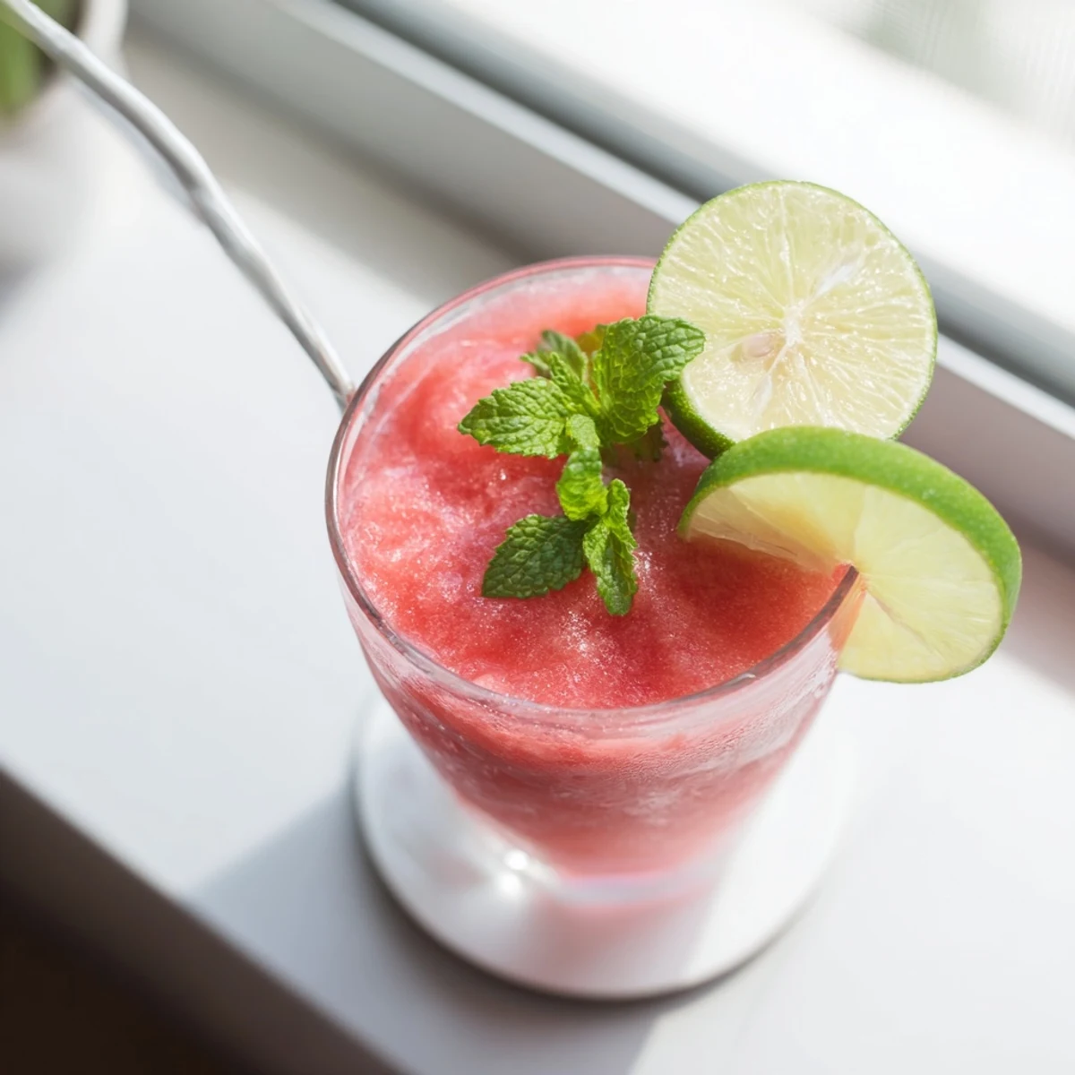 Tropical Coconut Lime Watermelon Slushie served in chilled glass with coconut milk swirl
