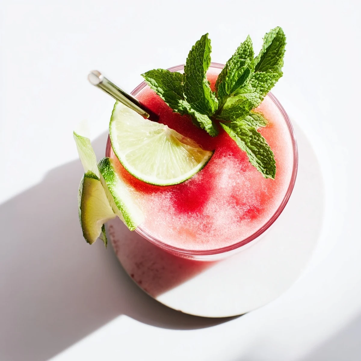 Vibrant frozen watermelon slushie blended with creamy coconut milk and zesty lime juice